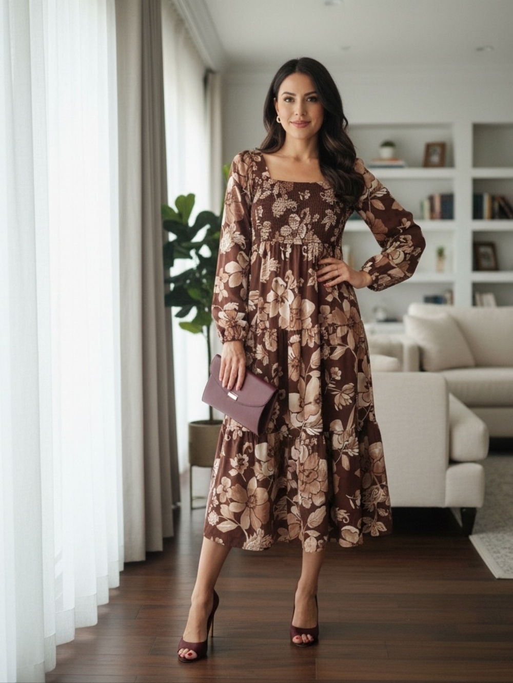 Floral Burgundy and Cream Midi Length Dress Smocked Chest Puff Sleeves Size S